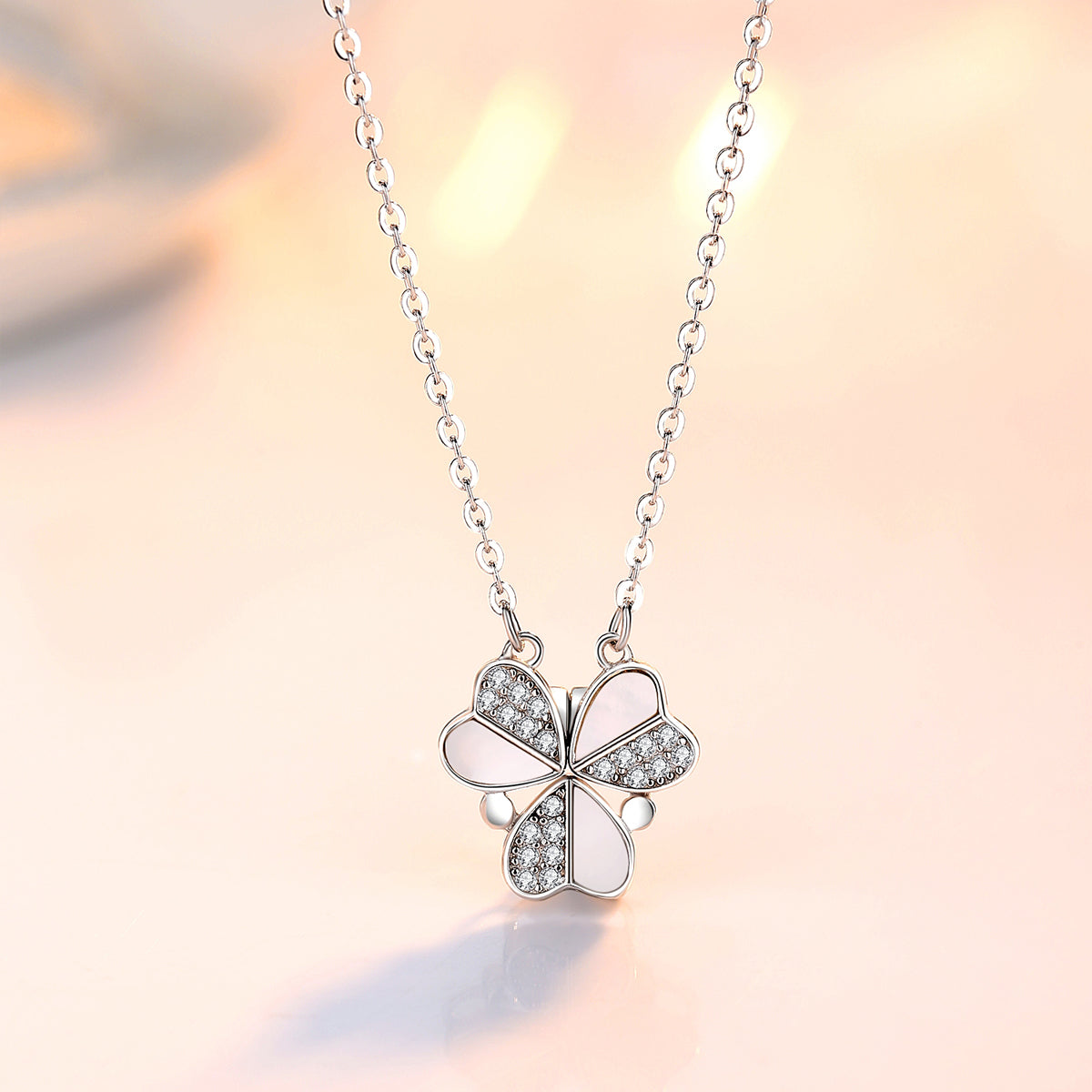 silver 2 in 1 Three Leaf Clover  Charm Lucky Dainty Necklace Heart Crystal