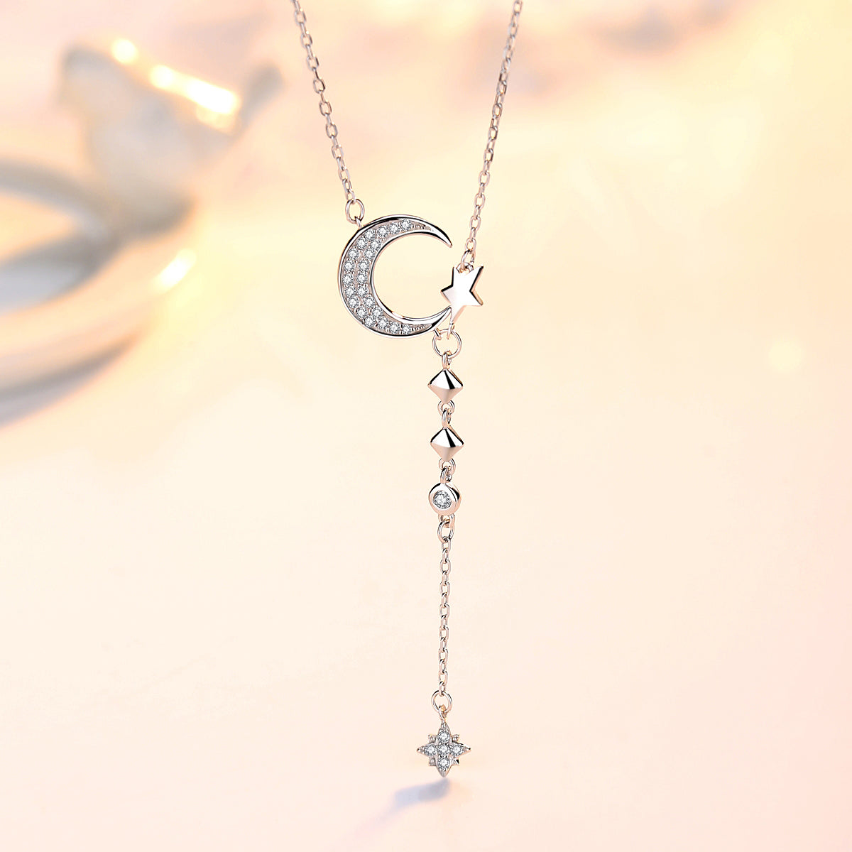 Moon and stars long chain necklace