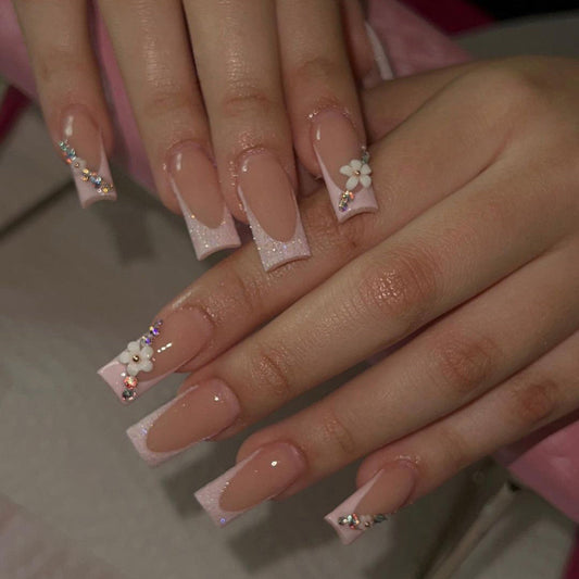 M48 Glitter Pink French Tip  | Medium Square