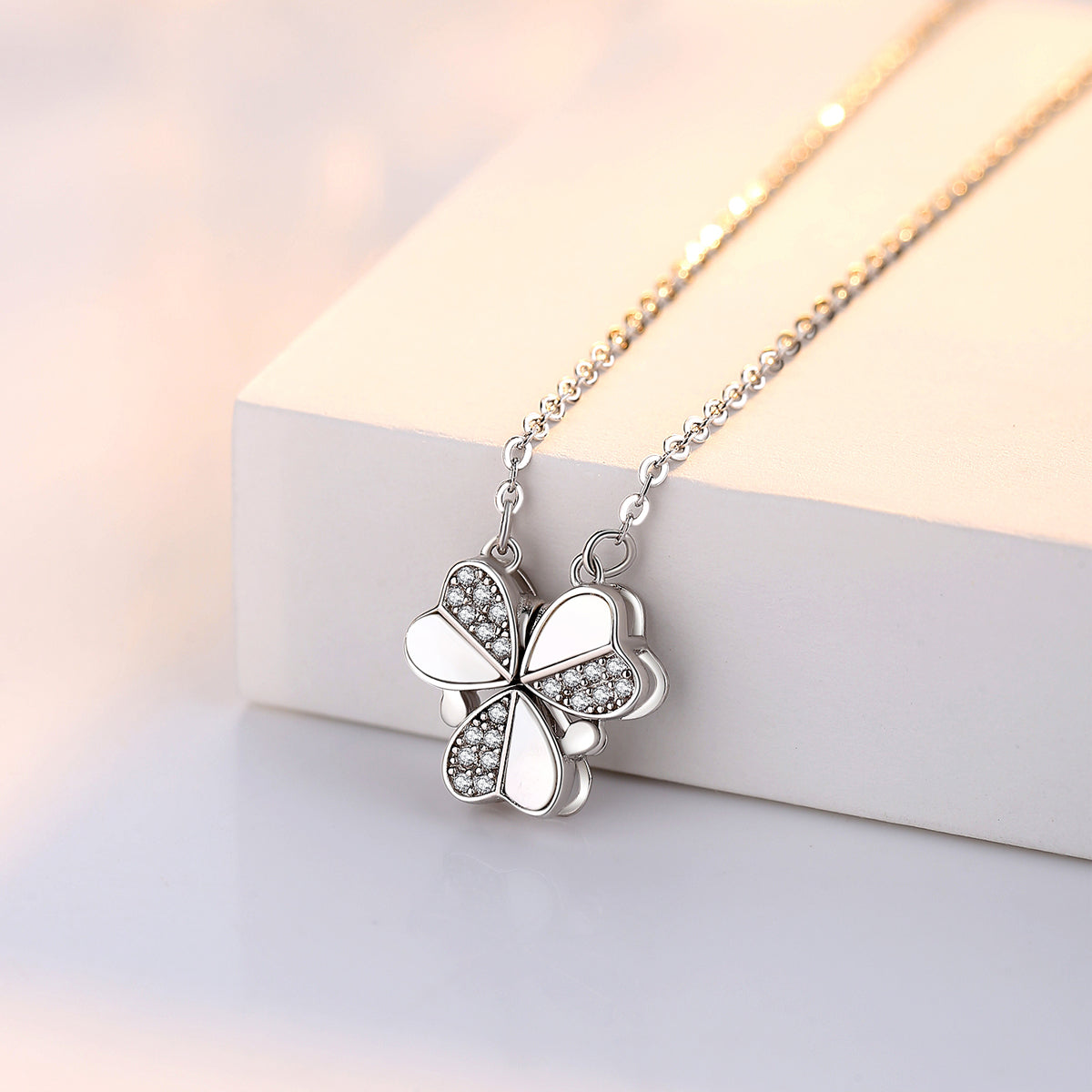 silver 2 in 1 Three Leaf Clover  Charm Lucky Dainty Necklace Heart Crystal