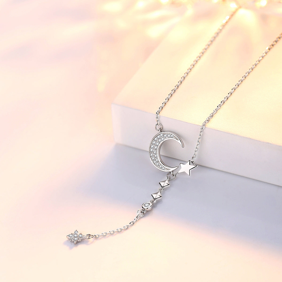 Moon and stars long chain necklace