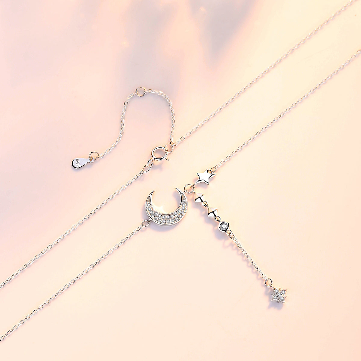 Moon and stars long chain necklace