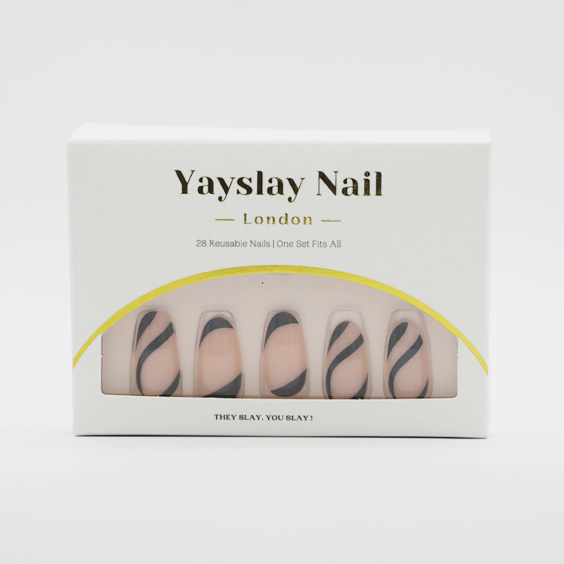 Y57  Black Swirls Almond Nail