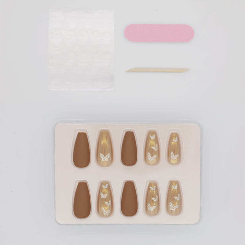 Y20 Glittering Butterfly Brown Coffin Nail