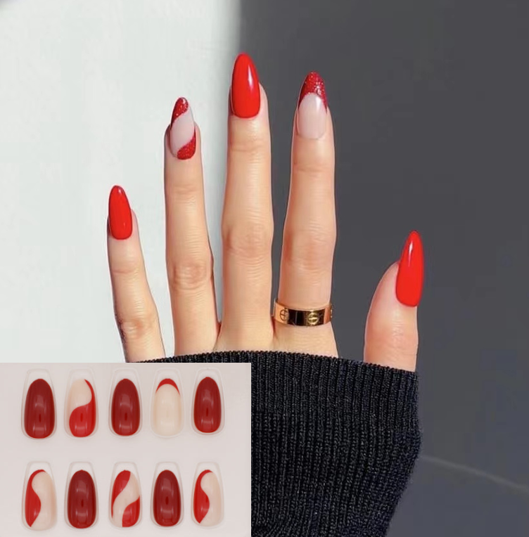 Y6 Glossy Red Lines Almond Nail