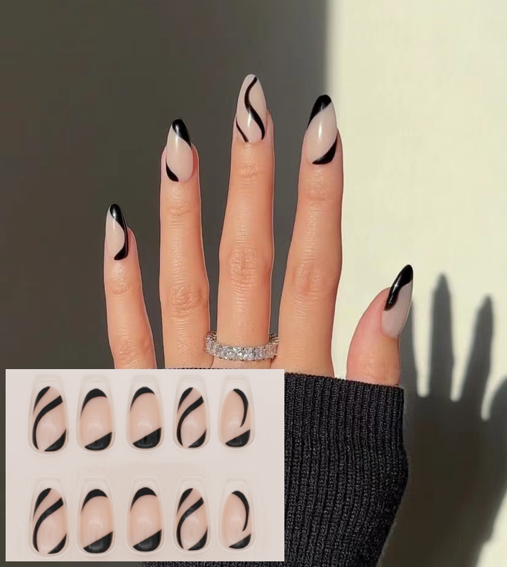 Y57  Black Swirls Almond Nail