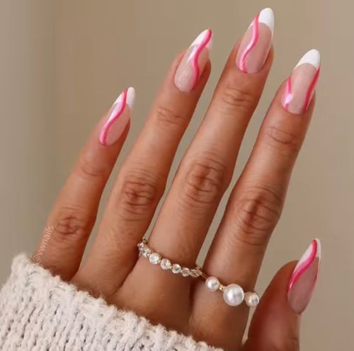 Pink Swirl French Tip Almond Nail