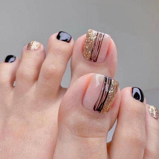 F20 Black Lines Glitters Toe Nails