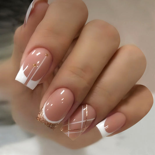 M17 Goden Glitter French TiP Square Nail