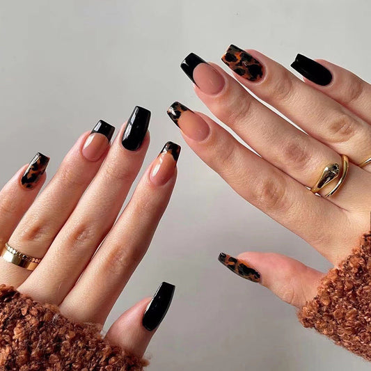 M21 Tortoiseshell Black French Tip Coffin Nail