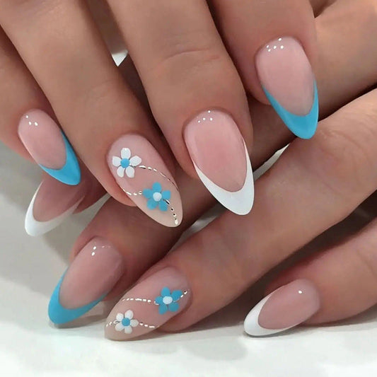 M60 Blue white flower French tip almond nail