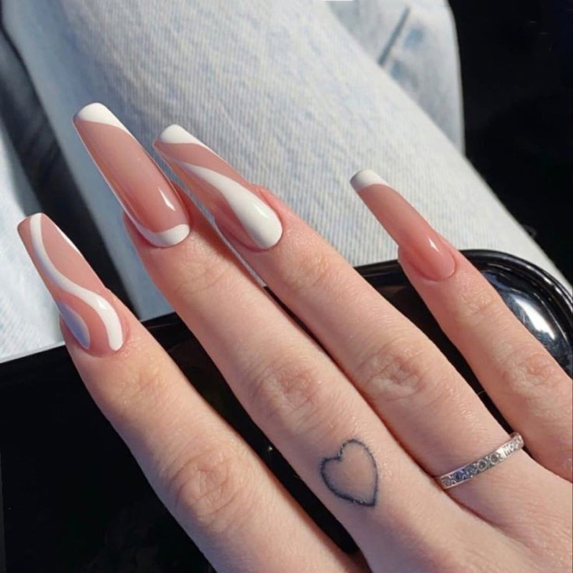 White Swirls Ballerina Nails