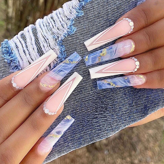 L49 Ombre blue french tip Ballerina Nail