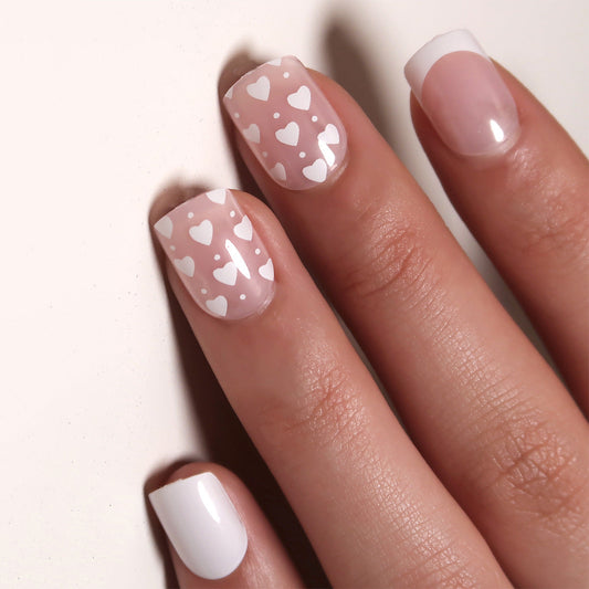 S21 Little Frenchie white heart short square nail