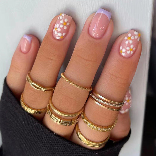 S38 Purple french tip and flowers nail