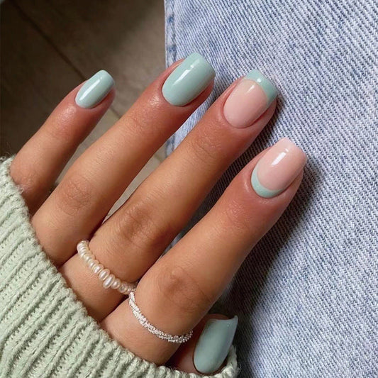 S44 Light Blue French Tip Short Square Nail