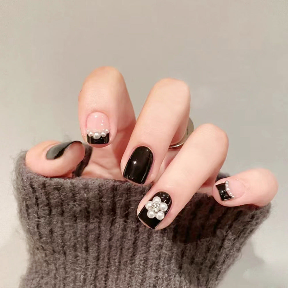 S8 Pearl Flower Black Short Square Nail