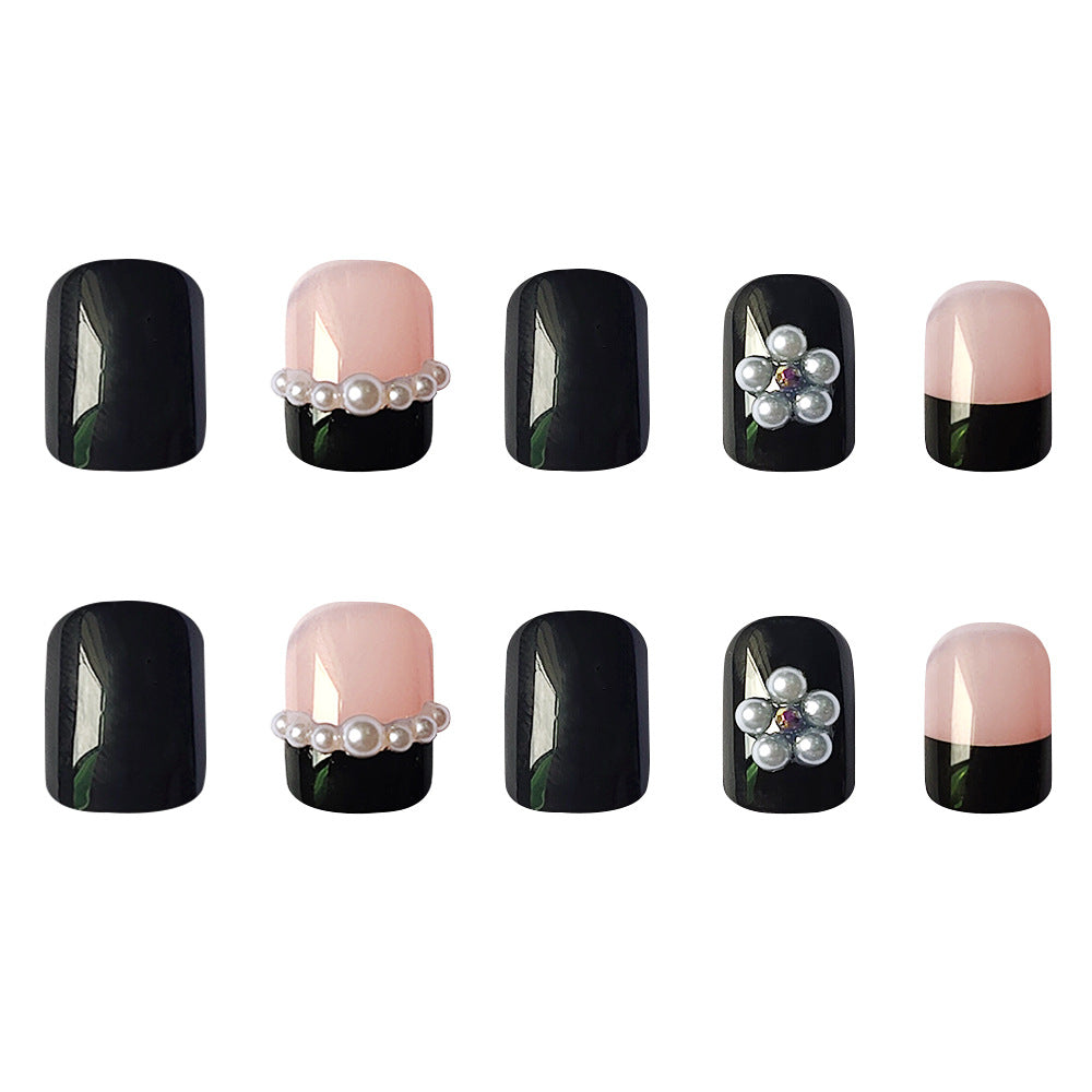 S8 Pearl Flower Black Short Square Nail