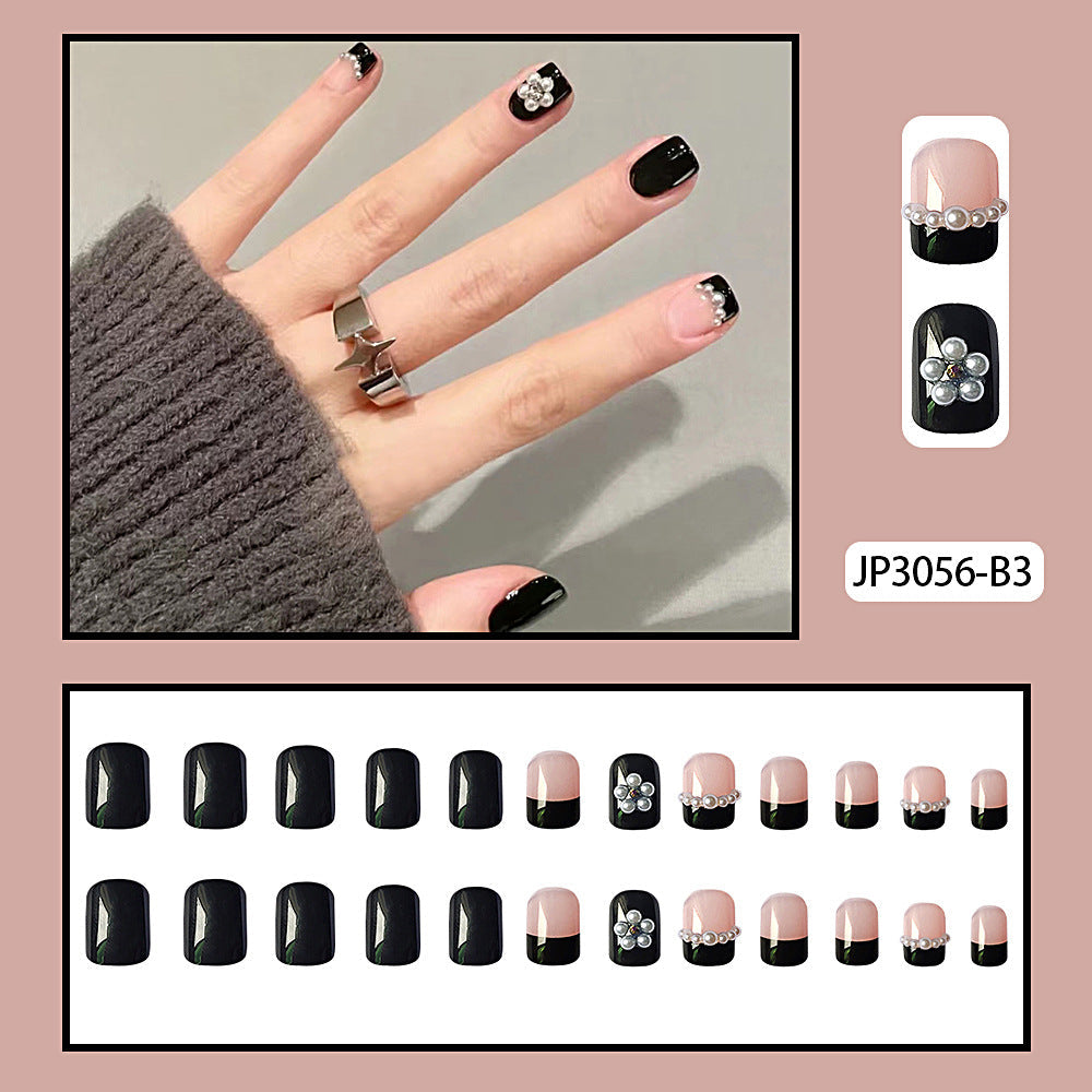 S8 Pearl Flower Black Short Square Nail